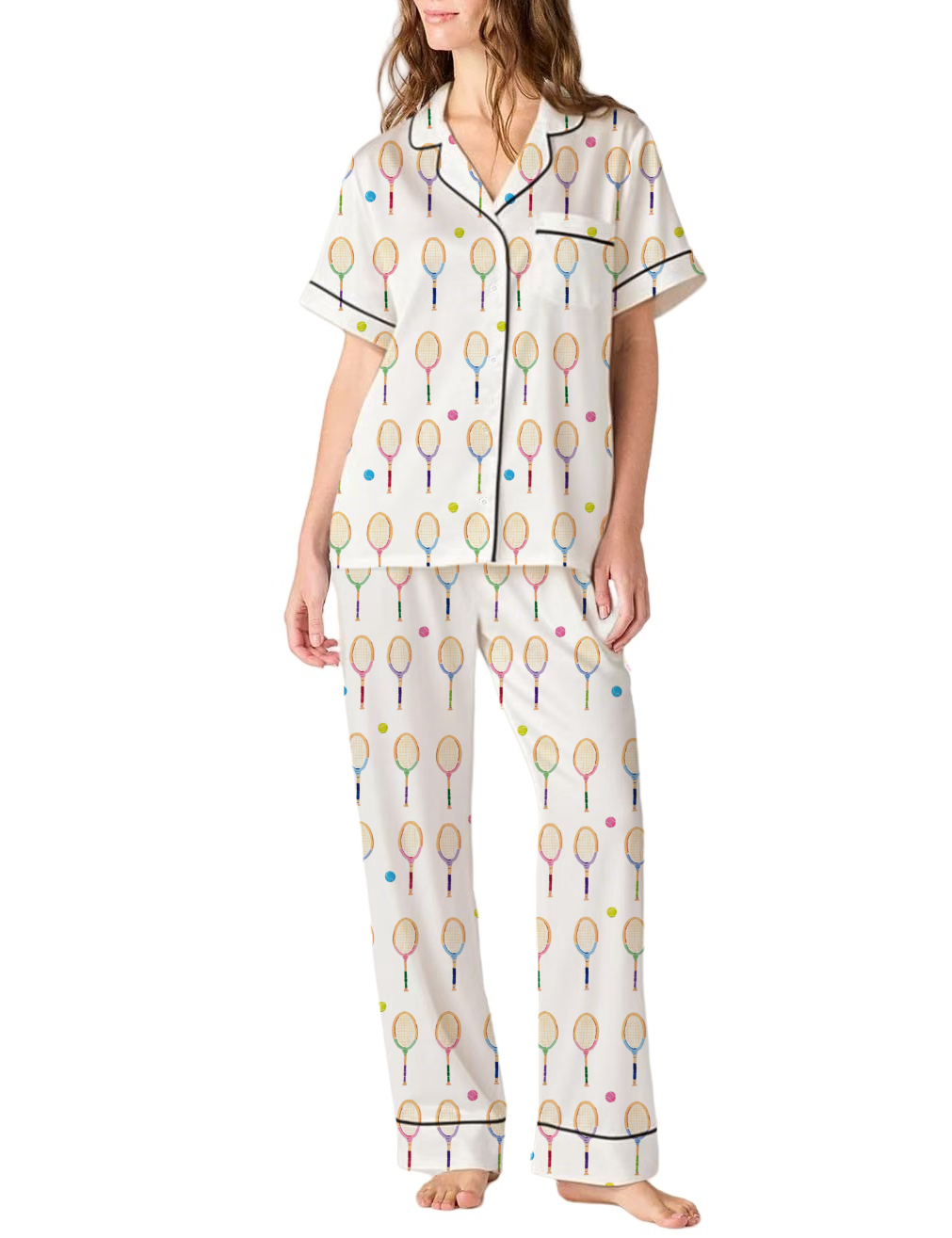 Colorful Tennis Silky Satin Pajama Pants Set For Women