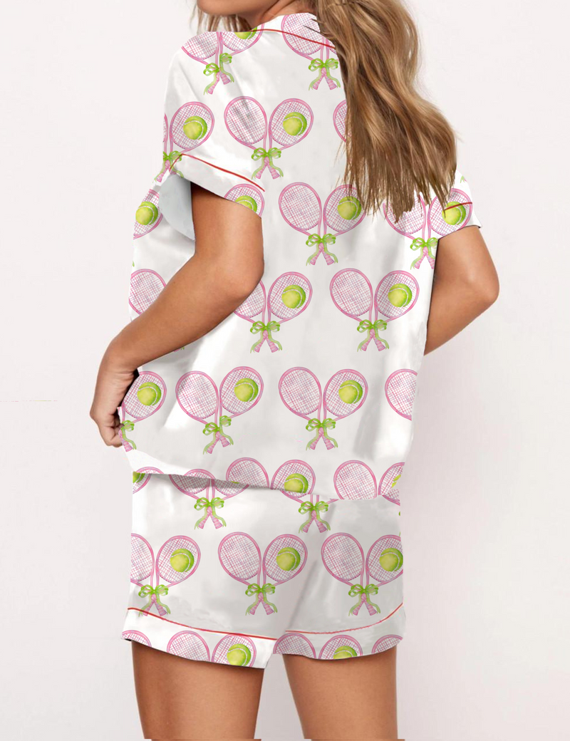 Christmas Tennis Racquet Silky Satin Pajama Short Set For Women