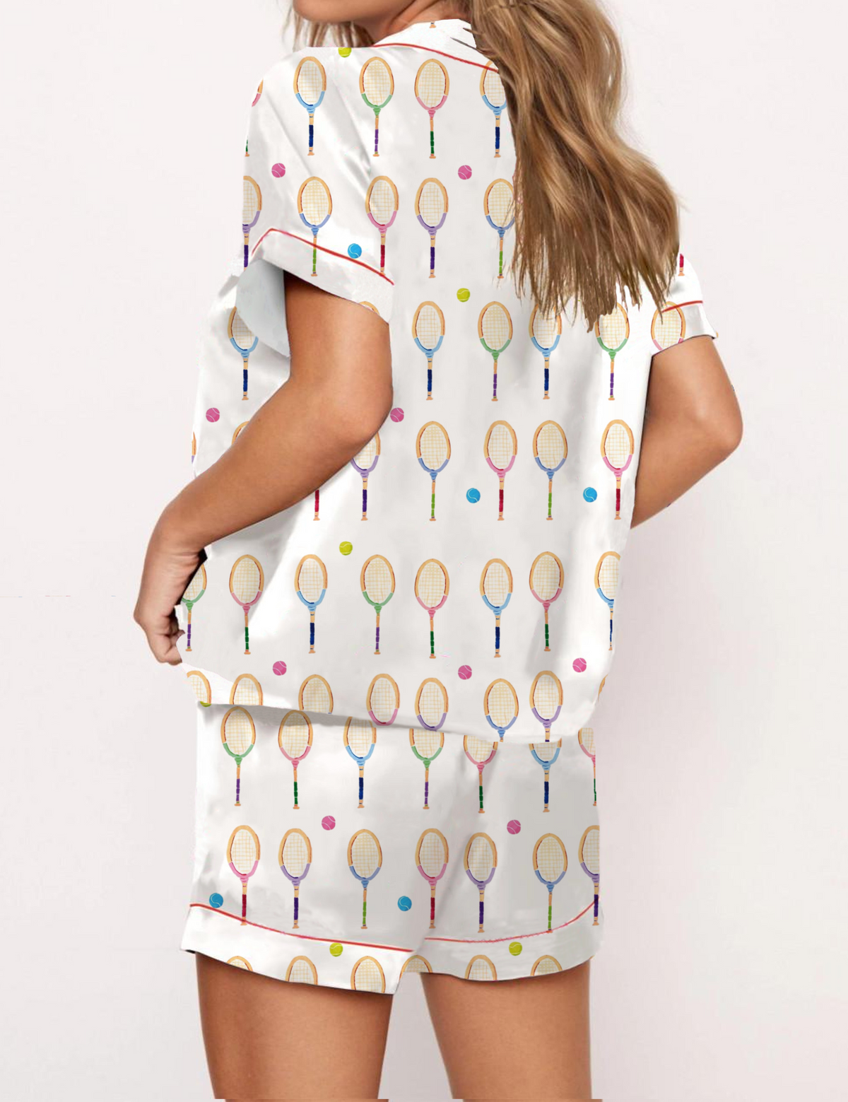 Colorful Tennis Silky Satin Pajama Short Set For Women