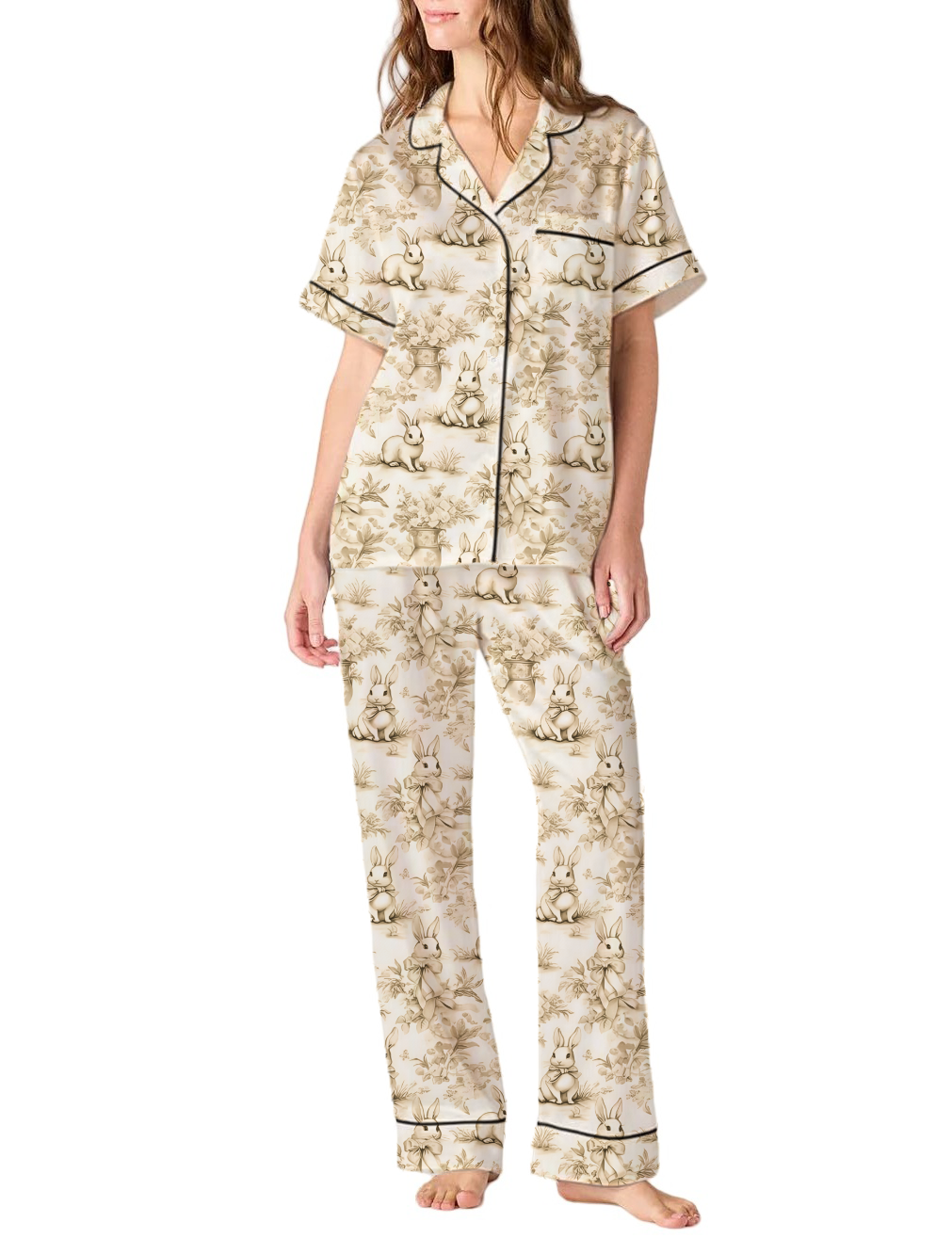 Rabbit Toile Satin Pajama Pants Set For Women